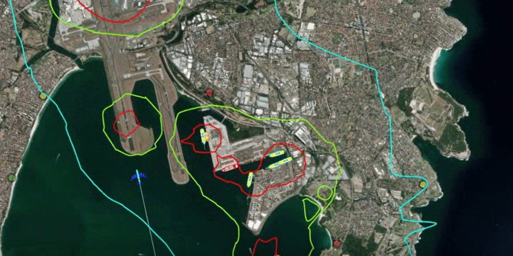 A map of an area using Vanguard Technologies innovative noise management system, Nexus. The system uses contour lines on the geographical map to identify areas that produce noise.